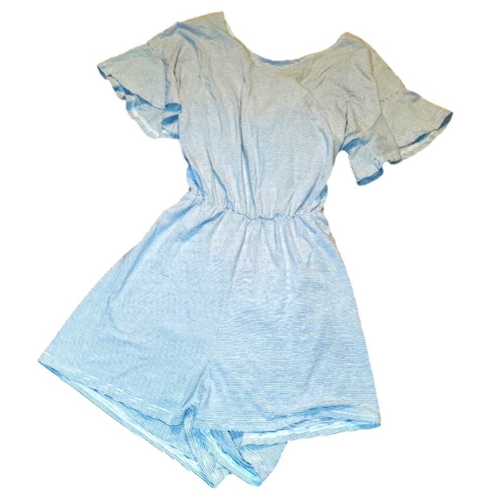 Stretch Romper Shorts Blue White Stripes with Open Back and Bow in Back – Medium